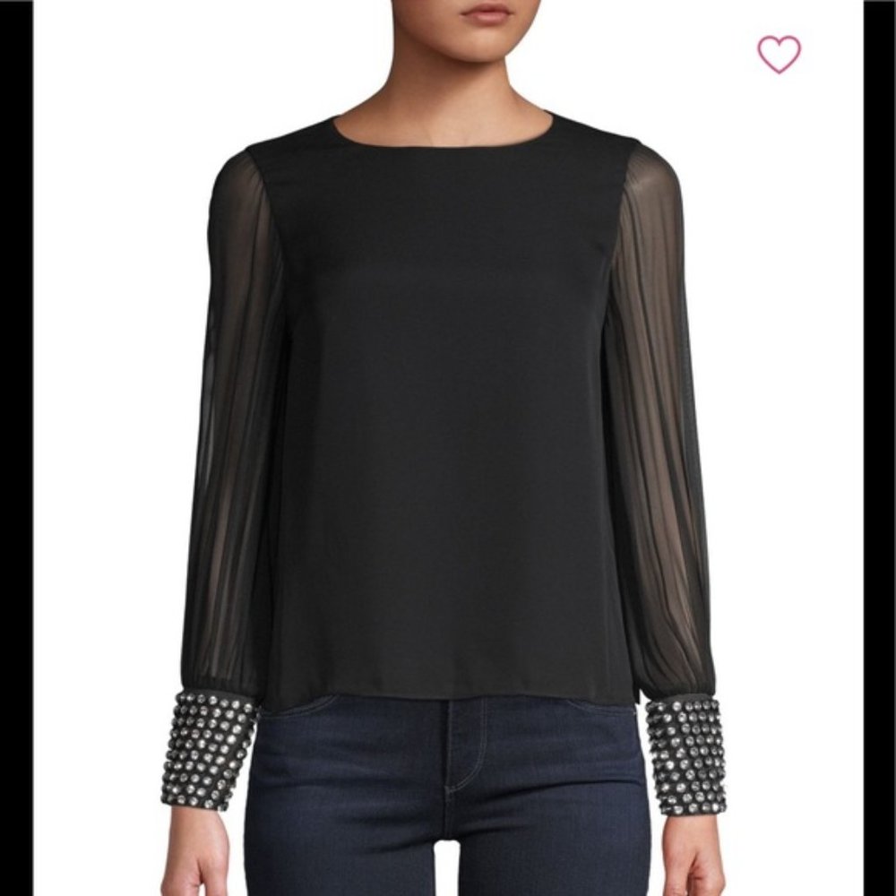 ALICE + OLIVIA Rhinestone Crystal Sleeve Embellished Silk Top